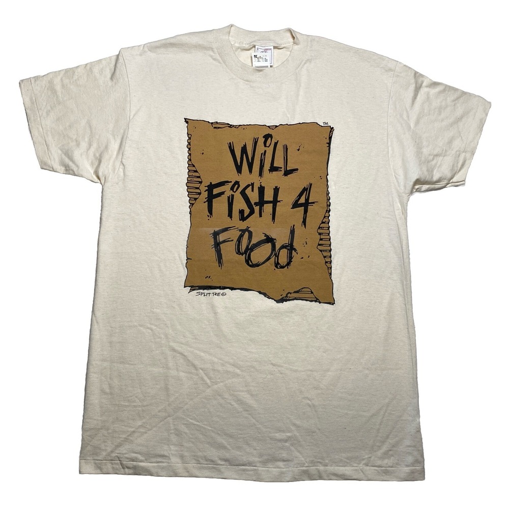 Will Fish 4 Food Split Tee K-Mart Men's Large Vintage T-Shirt Tan NWT